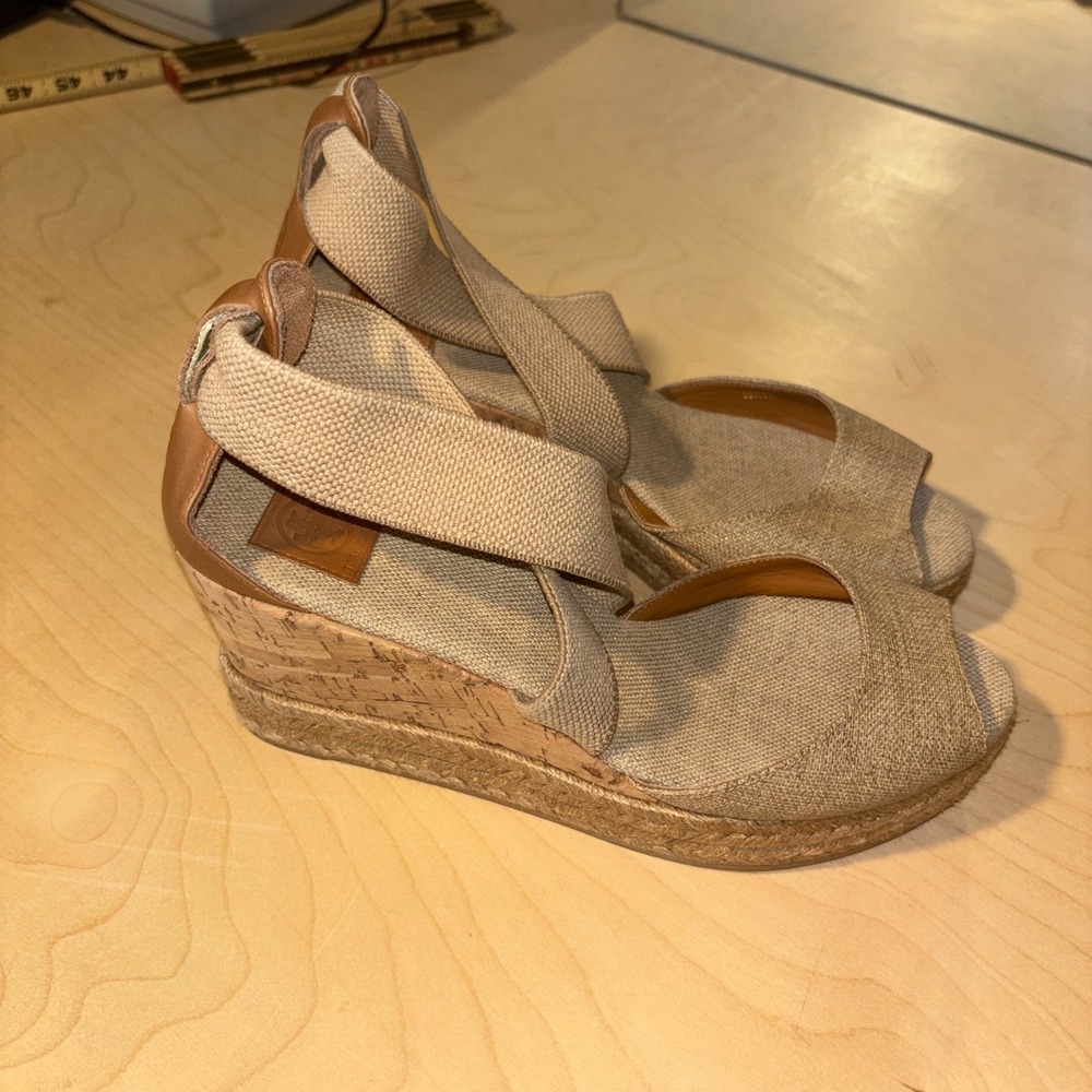 Tory Burch Natanya Espadrille Wedges Women Sz 7 Beige Linen Cork Sandal Spain - Picture 2 of 12